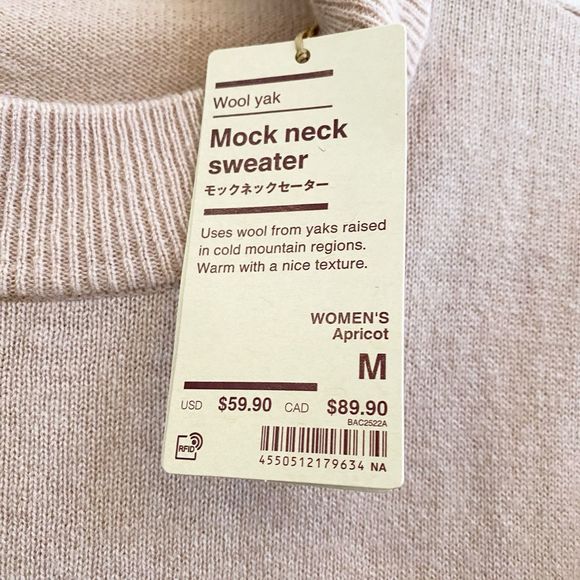 New With Tags Muji Mock Neck Wool Yak Blend Apricot Peach Sweater Size Medium - Picture 3 of 10